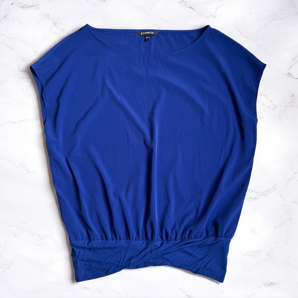 Express Womens Large Cobalt Blue Blouson Top 2011 Sleeveless Stretch Hem Office
